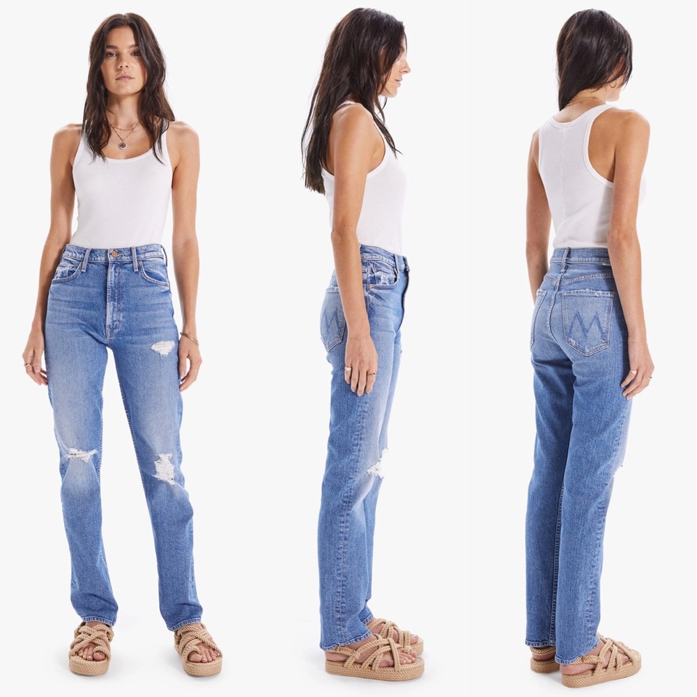 MOTHER High Rise Straight Jeans in Light Blue